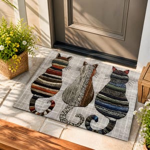 May include: A rectangular doormat featuring three stylized cat silhouettes. Each cat is composed of textured, multi-colored stripes in shades of brown, gray, and blue. The mat has a light gray background with a subtle grid pattern, suitable for an entryway.