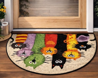 Funny Cat Doormat, Colorful Half Moon Welcome Mat, Whimsical Cat Lover Entryway Rug