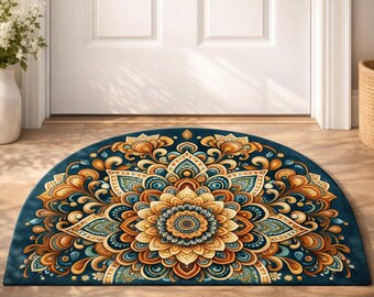 Bohemian Mandala Half Round Rug: Teal, Orange Floral Entryway Carpet