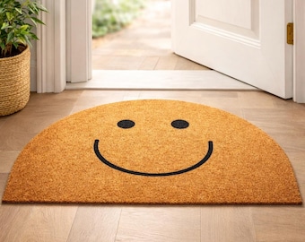 Smiley Face Half Moon Doormat, Cheerful Entryway Rug, Coir Front Door Decor