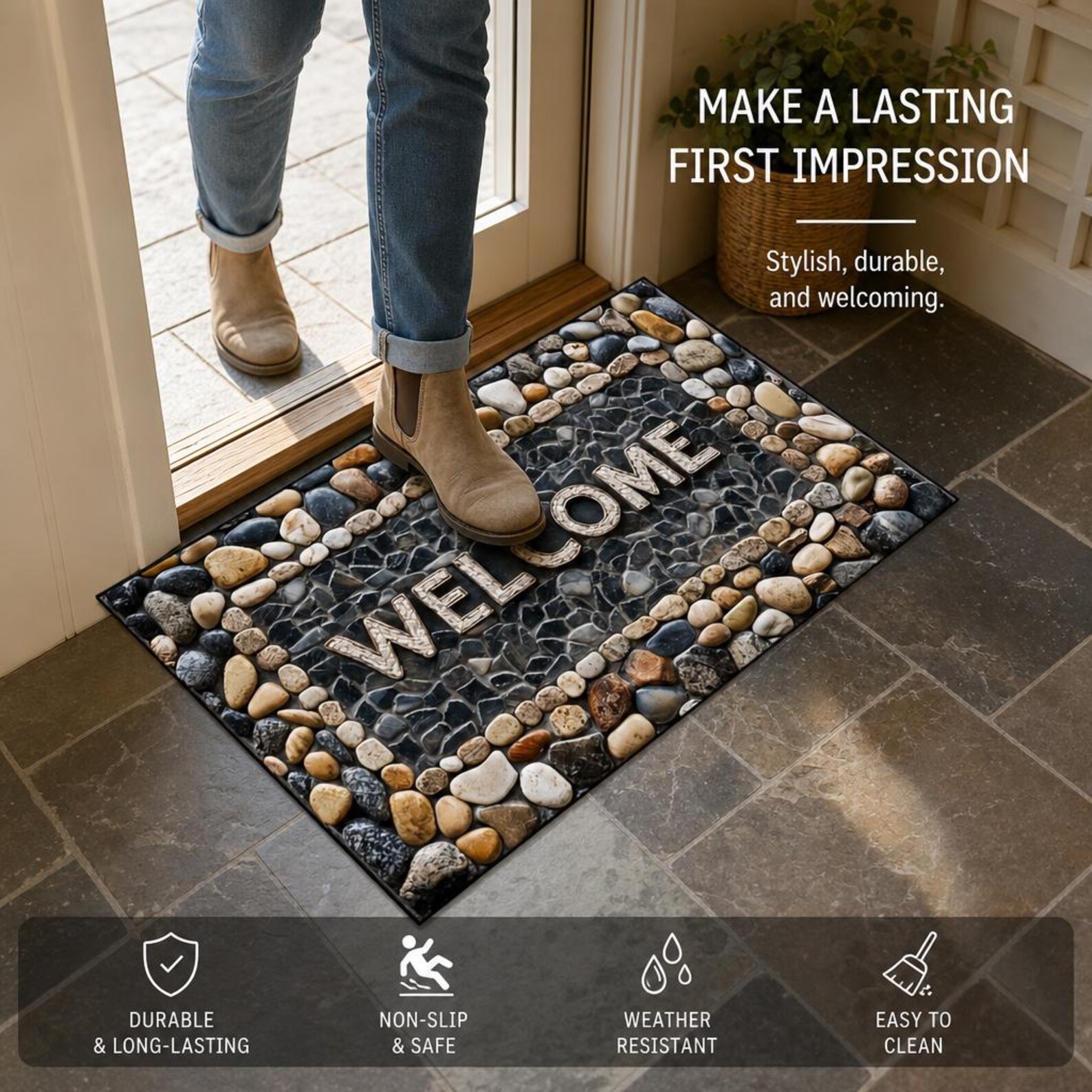 Stone Pattern Doormat Pebble Stone Welcome Mat Entrance Doormat Outdoor Indoor Non-slip Rug ...