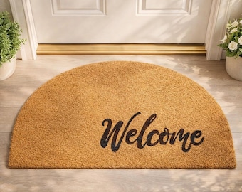 Felpudo de bienvenida en forma de media luna, alfombra de entrada de fibra de coco natural, decoración minimalista.