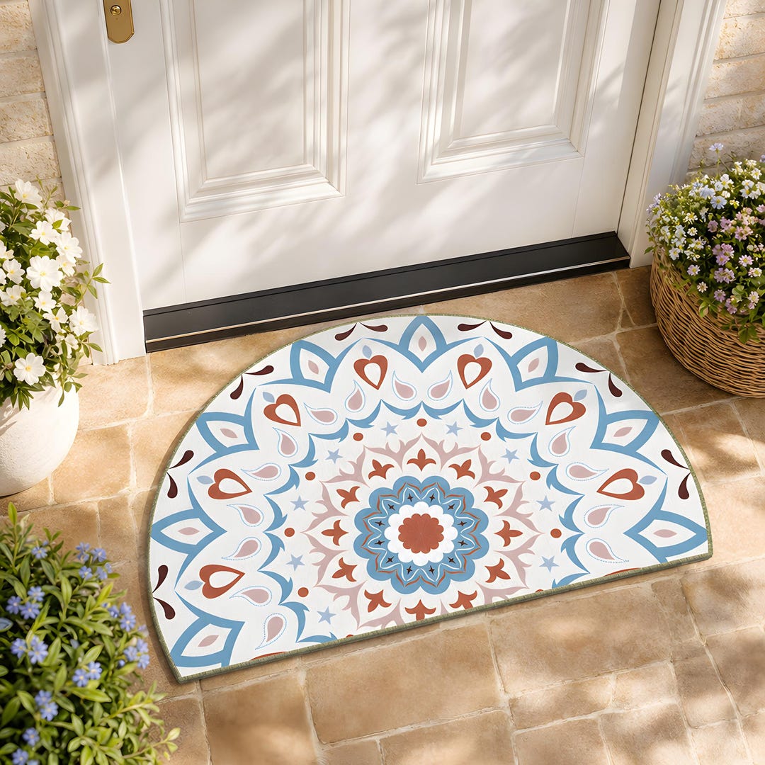 Half Rugs Mandala Half Round Rug Boho Entryway Door Mat Floral Semicircle Blue ...