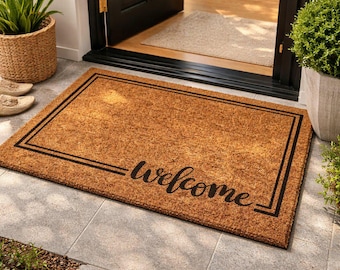 Natural Coir Welcome Doormat, Framed Border Entryway Mat
