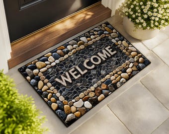 Pebble Stone Welcome Mat Entrance Doormat Outdoor Indoor Non-Slip Rug Front Door