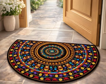 Bohemian Half Round Door Mat Mandala Entryway Rug Non-Slip Indoor Colorful Semicircle Floor Mat