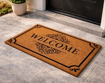 Natural Coir Welcome Doormat, Black Classic Design, Neutral Entryway Decor