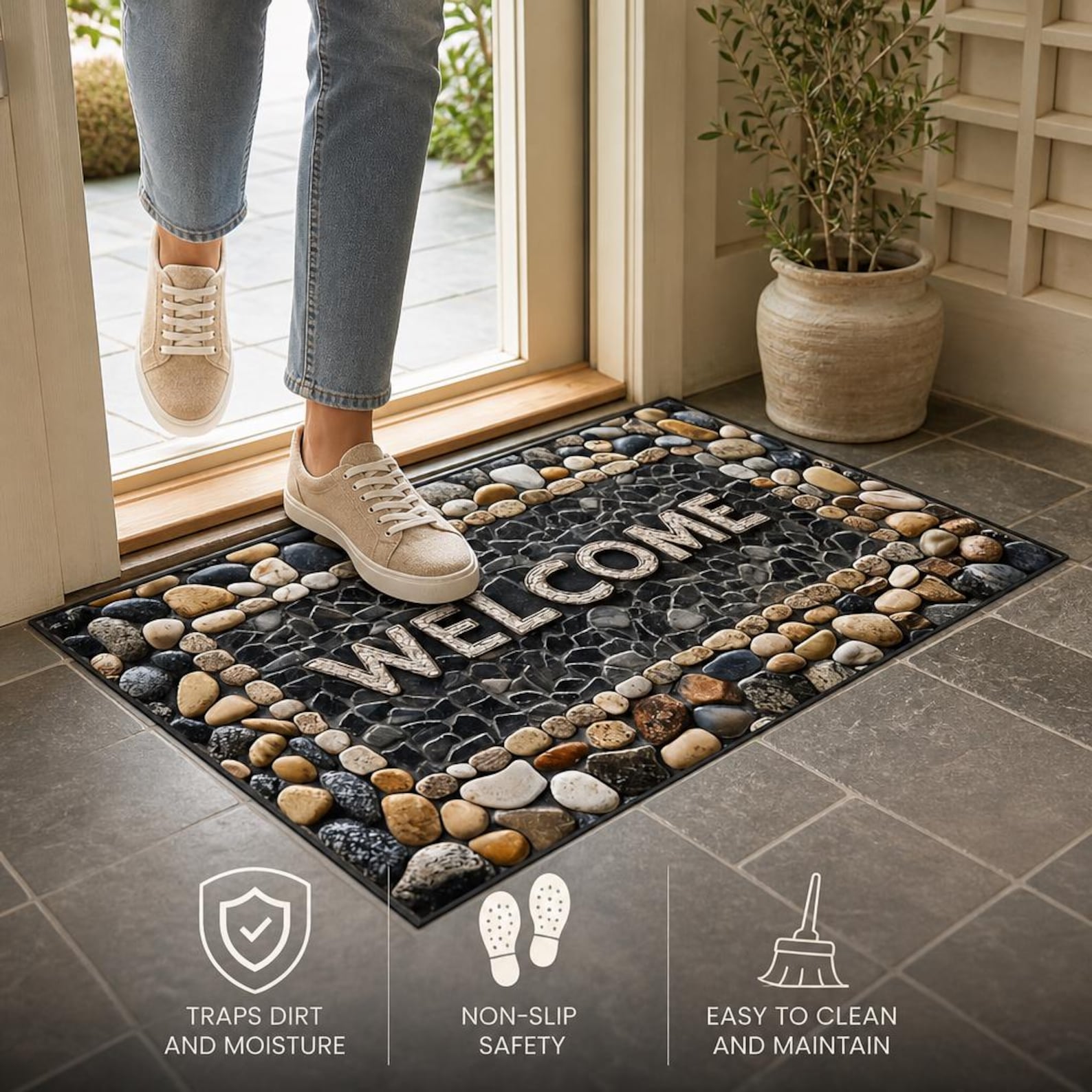 Stone Pattern Doormat Pebble Stone Welcome Mat Entrance Doormat Outdoor Indoor Non-slip Rug ...