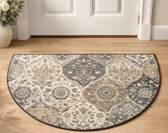 Felpudo semicircular vintage con estampado floral, estilo bohemio persa, antideslizante para interiores.