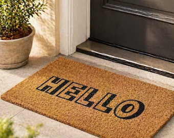 Hello Coir Doormat, Minimalist Entryway Welcome Mat, Outdoor Porch Decor
