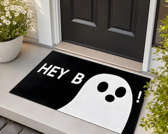 Felpudo de Halloween con diseño de fantasma: Alfombra espeluznante para la entrada con la frase "Hey Boo" (para interiores y exteriores)