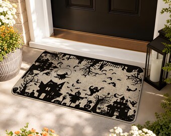 Felpudo de Halloween con diseño de casa embrujada, bruja y fantasma, decoración espeluznante para interiores y exteriores.