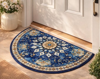 Alfombra de entrada semicircular estilo boho con mandala azul, alfombra floral persa para interiores.