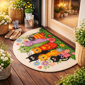 Funny Cat Doormat, Colorful Floral Half Round Entry Rug, Cat Lover Gift
