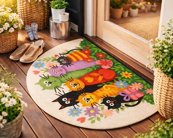 Funny Cat Doormat, Colorful Floral Half Round Entry Rug, Cat Lover Gift