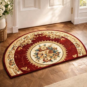 May include: A semi-circular rug with a floral pattern. The rug has a deep red base, a cream border, and a central medallion. The medallion displays a bouquet of flowers in cream, blue, and gold hues. The rug is likely placed by a doorway.