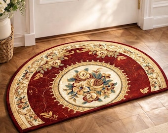 Vintage Floral Half Moon Doormat, Red Entryway Rug, Decorative Semicircle Mat