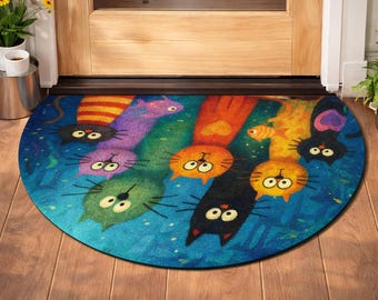 Colorful Cat Semi-Circle Doormat, Whimsical Feline Welcome Rug, Non-Slip Entryway Decor