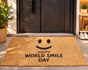 Smiley Face Doormat, Happy World Smile Day Welcome Rug, Entryway Decor