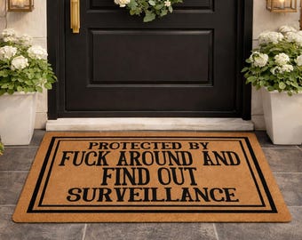 Funny Coir Doormat, Protected by Surveillance Welcome Mat