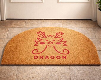 Dragon Half Moon Doormat, Natural Coir Entryway Rug, Fantasy Home Decor