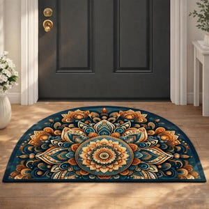 Puede incluir: Una alfombra de media luna con un diseño de mandala detallado. La alfombra presenta un fondo azul verdoso oscuro con un patrón floral central en tonos naranja, dorado y turquesa. El diseño es simétrico e intrincado, adecuado para una entrada.