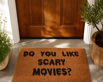 ¿Te gustan las películas de terror? Felpudo de fibra de coco con temática de terror, alfombra de bienvenida para Halloween.