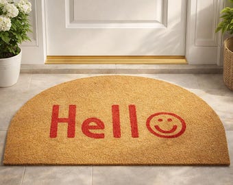 Hello Coir Doormat, Half Moon Welcome Mat, Red Smile Face Entryway Rug