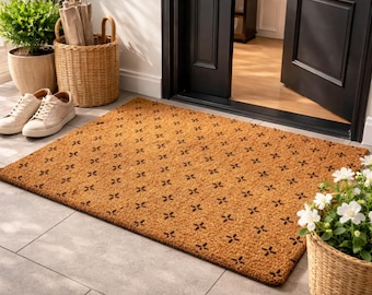 Zerbino floreale in fibra di cocco, zerbino naturale di benvenuto per la porta d'ingresso, elegante tappeto per l'atrio.