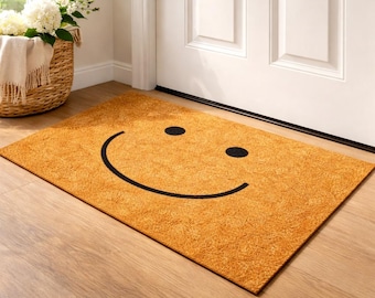 Smiley Face Doormat, Coir Entryway Rug, Cheerful Front Door Decor