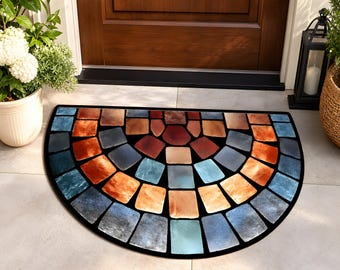 Mosaic Door Mat Half Round, Colorful Entryway Rug, Boho Stone Pattern Welcome Mat