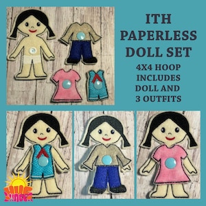 May include: A paperless doll set for a 4x4 hoop embroidery machine. The set includes a doll and three outfits. The doll has black hair and a red bow. The outfits include a blue and white striped dress, a brown shirt with blue pants, and a pink dress.