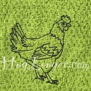 May include: A black line drawing of a chicken on a green terry cloth towel.
