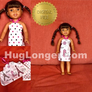 May include: A doll wearing a white dress with black polka dots and a pink ribbon. The doll has dark hair in pigtails. The image also shows a doll wearing a white dress with a pink floral and Paris-themed print. The text "DIGITAL FILE" is visible.