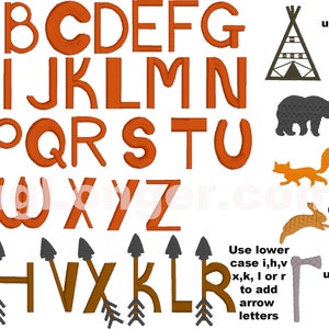 May include: An alphabet in orange with a brown outline.  The letters are stylized and have a rustic look.  There are also images of a teepee, bear, fox, bunny, arrow, and axe.  Use lower case letters to add these images to your design.