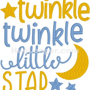 May include: Twinkle twinkle little star embroidery design with yellow and blue stars and a crescent moon.