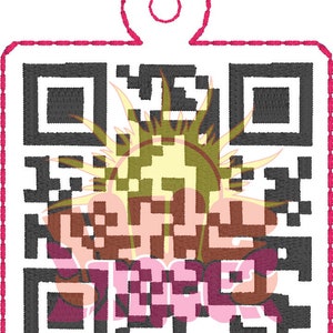 May include: A white tag with a pink border and a black and white QR code. The tag has a hole at the top for attaching a string or ribbon.
