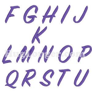 May include: Purple embroidered alphabet letters A through Z in a handwritten style font.