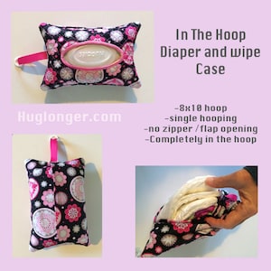 Könnte beinhalten: Eine schwarze und rosafarbene Stoffwindel- und Feuchttücher-Tasche mit Blumenmuster. Die Tasche ist für die Herstellung in einem 8x10-Hoop konzipiert und ist vollständig im Hoop. Sie hat keinen Reißverschluss oder eine Klappe. Huglonger.com ist auf dem Bild gedruckt.