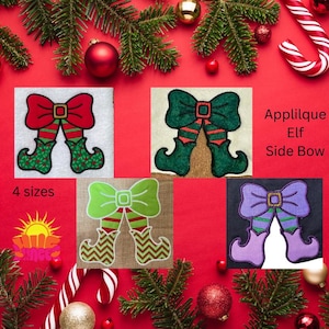 May include: Four different designs of elf legs with a side bow applique. The designs are in red, green, purple, and lime green. The text "Applique Elf Side Bow" and "4 sizes" are also visible.