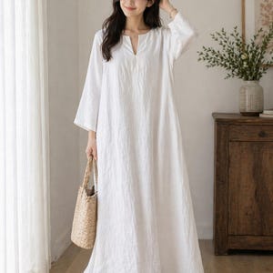 White Linen Kaftan Maxi Dress – Long Sleeve Modest Temple Dress with Pockets