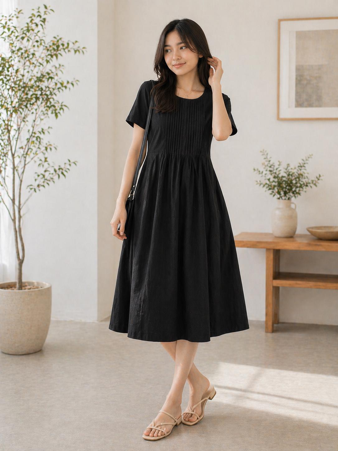 knee length dresses for ladies talia linen pintuck maxi dress – somewear in between