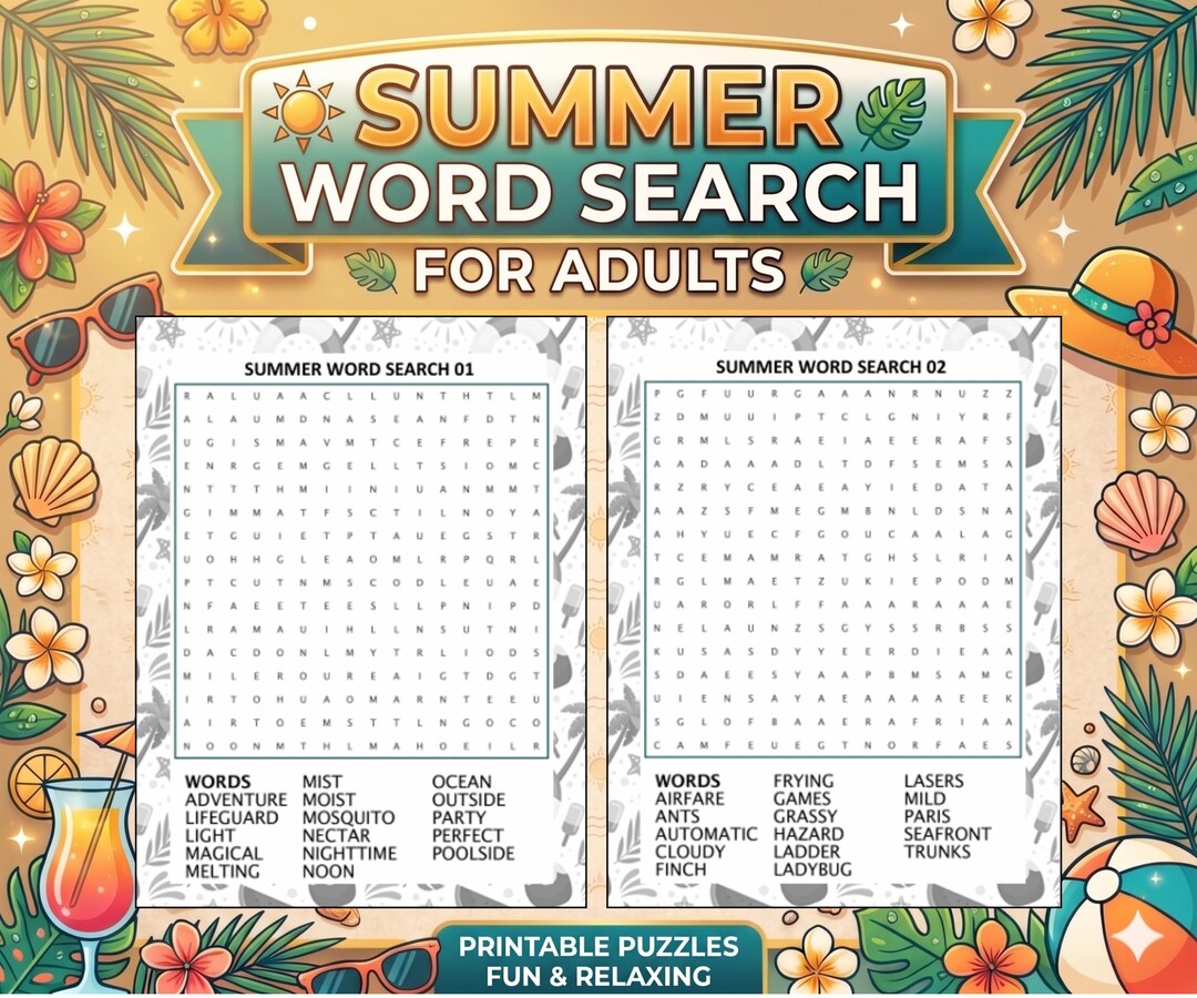 Summer Word Search for Adults, 50 Puzzles, Solutions Included, Beach
