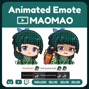 Puede incluir: Un emote animado titulado MAOMAO que muestra un personaje chibi con cabello verde azulado oscuro, un lazo azul y ojos morados. Una versión sonríe, mientras la otra sostiene un aerosol. Incluye el texto TanukiNook e iconos.