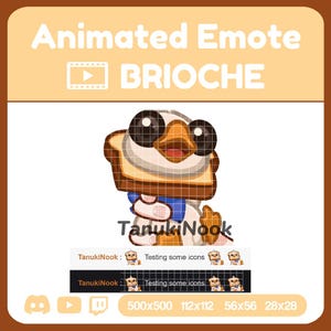 May include: Animated emote design featuring a cartoon character with a bread and egg design, labeled "BRIOCHE". The image includes the text "TanukiNook" and various size options: 500x500, 112x112, 56x56, and 28x28.
