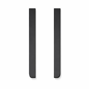 May include: Two matte black cabinet pulls with a rectangular shape and rounded bottom edges are displayed against a white background. The pulls are vertically oriented and evenly spaced, suggesting a modern design aesthetic.