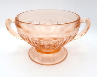 Federal Glass Sharon Cabbage Rose Pink Depression Glass Handled Sugar Bowl 1930s No Lid