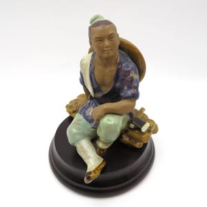 May include: A ceramic figurine of a seated individual wearing a dark blue patterned shirt, light green trousers, and a tan conical hat. The figure rests on a stack of brown logs, which is mounted on a circular, dark brown wooden base.