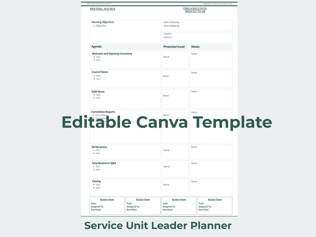 Service Unit Meeting Agenda Template | Editable Canva Planner (digital ...