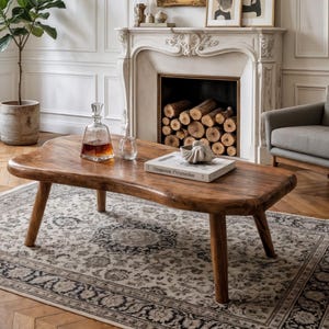 May include: A cozy living room with a wooden coffee table, a patterned rug, and a gray armchair. A fireplace with a painting above it and a potted plant add to the room's elegant ambiance. A decanter and glasses sit on the table.